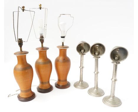 THREE WOVEN PLANT FIBRE COVERED CERAMIC BALUSTER TABLE LAMPS AND THREE CHROME CANDLESTICKS (6)Of Recent Manufacture