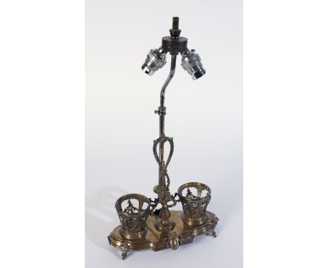 A FRENCH SILVER CRUET STAND LATER CONVERTED AS A LAMPMark of Fray Fils (1875-1891)The base applied with a bow-surmounted oval