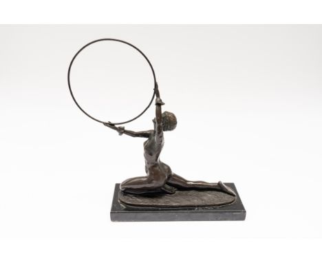 AFTER FERDINAND PREISS, A CAST BRONZE MODEL OF A HOOP DANCER, ON MARBLE BASE20th CenturyArt Deco style cast bronze model of a