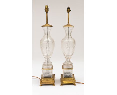 A PAIR OF GLASS AND GILT-METAL MOUNTED BALUSTER TABLE LAMPS (2)20th CenturyWith hobnail and faceted decoration, the bases wit