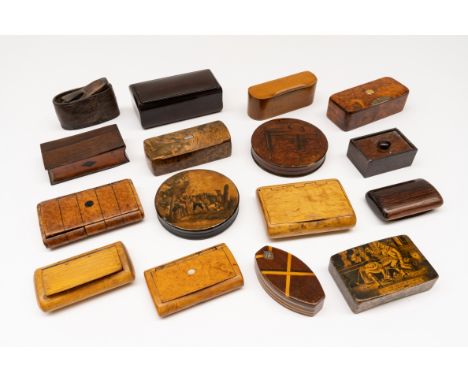A GROUP OF EIGHTEEN TREEN SNUFF BOXES INCLUDING A SCOTTISH MAUCHLINE SYCAMORE BOX (18)19th CenturyComprising; a maple oblong 