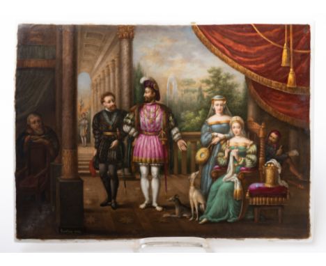 A CONTINENTAL PORCELAIN RECTANGULAR PLAQUEDated 1858Painted by Pastier, signed,  with a 17th interior scene of a Royal househ