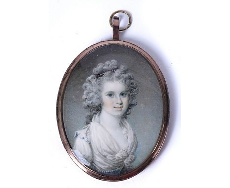 SAMUEL SHELLEY: A PORTRAIT MINIATURE OF A YOUNG LADYCirca 1790Her hair curled, wearing a white dress, oval on ivory, 6.8x5.3c