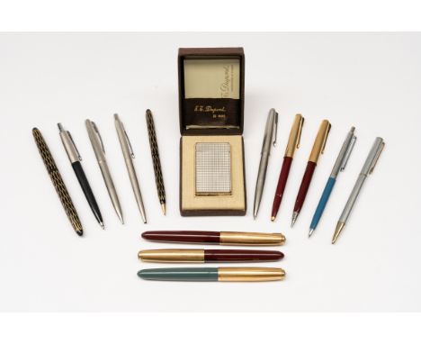 A SILVER-PLATED DUPONT LIGHTER AND A GROUP OF MAINLY PARKER AND SCHAEFFER PENS (14)The hobnail Dupont lighter case numbered Q