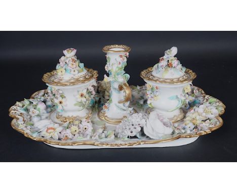 AN ENGLISH PORCELAIN COALBROOKDALE-TYPE INKSTANDCirca 1830Each piece encrusted with flowers in high relief, comprising of a s
