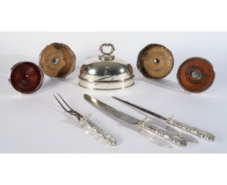 VARIOUS SILVER MOUNTED AND PLATED WARES (11)Comprising; a silver mounted mahogany bottle coaster, London 1994, a pair of silv