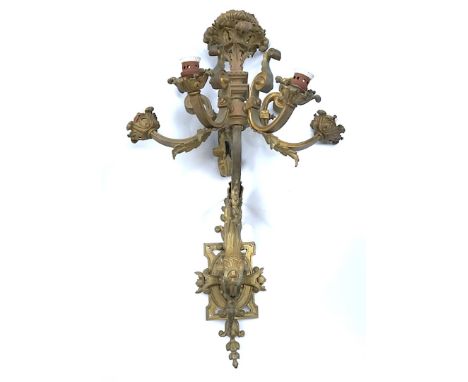 A SET OF FIVE GILT- BRONZE FIVE LIGHT WALL APPLIQUÉSEarly 20th CenturyEach acanthus scroll arm issuing from a strap-work back