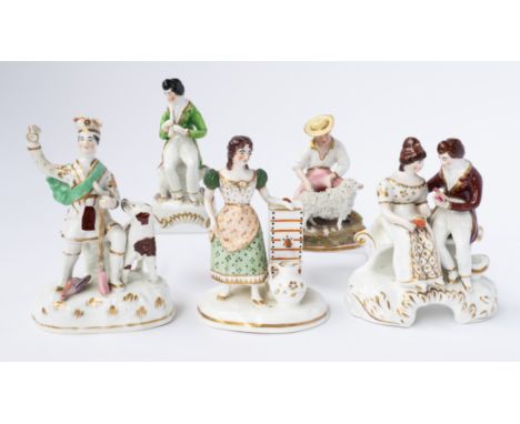 FIVE STAFFORDSHIRE PORCELAIN FIGURE GROUPS (5)Circa 1840Comprising; a Highlander hunter and dog; a girl standing at a well; a