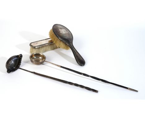TWO BRUSHES AND TWO TODDY LADLES (4)Comprising; a hairbrush and a clothes brush, both Birmingham possibly 1918, a toddy ladle