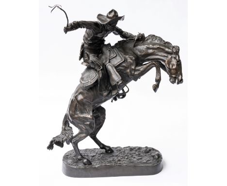 AFTER FREDERIC REMINGTON (AMERICAN, 1861-1909); A BRONZE EQUESTRIAN GROUP OF THE BRONCO BUSTERMid-20th CenturyCast with signa