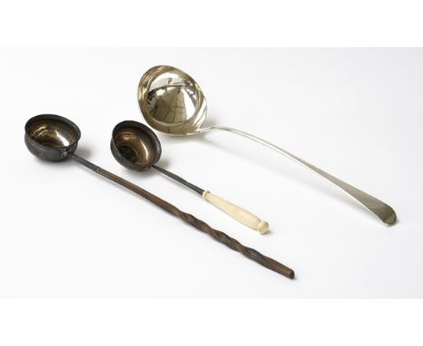 A GEORGE III SILVER SOUP LADLE AND TWO FURTHER LADLES (3)The bottom marked 'Old English pattern soup ladle', London,1768, by 