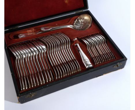 CHRISTOFLE: A SILVER PLATED CANTEEN OF FLATWAREIn the fiddle, thread and shell pattern, comprising; 12 table spoons, 12 table