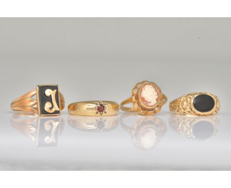 A 9CT GOLD AND SHELL CAMEO RING AND THREE FURTHER RINGS (4)The shell cameo ring carved as the portrait of a lady, ring size M