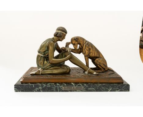 DEMETRE CHIPARUS (ROMANIAN, 1886-1947); A COLD PAINTED BRONZE GROUP ENTITLED ‘ACCIDENT DE CHASSE’Modelled as a girl bandaging