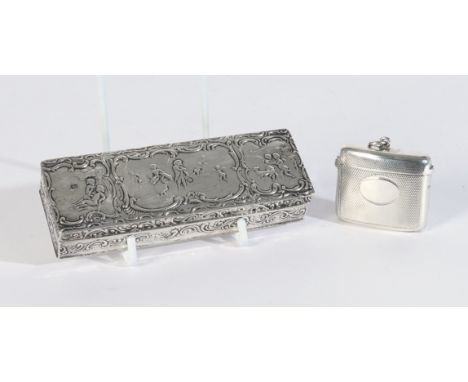 A VICTORIAN SILVER BOX AND A VICTORIAN SILVER VESTA CASE (2)The rectangular hinge lidded box decorated with figures within sc