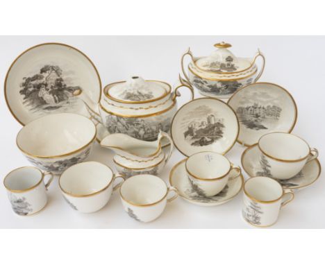 A SPODE PORCELAIN PART TEA AND COFFEE SERVICE (18)Circa 1810Bat printed with pattern `557' with pastoral scenes and animals, 