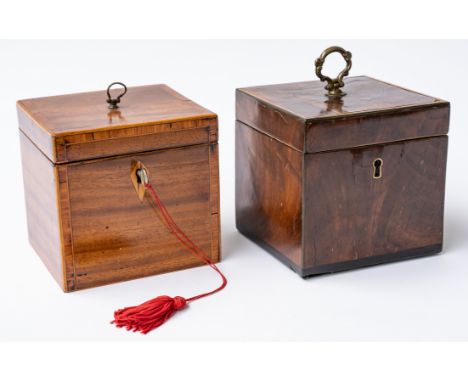 A GEORGE III INLAID MAHOGANY SINGLE TEA CADDY (2)11cm wide 11cm deep; 11cm high, together with a similar tulipwood banded exa