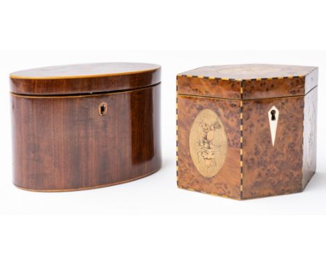 A GEORGE III INLAID BURR YEW WOOD COMPRESSED HEXAGONAL SINGLE CADDY (2)15cm wide; 9cm deep; 12cm high, together with a George
