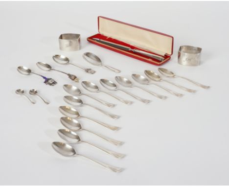 A GROUP OF SILVER AND SILVER MOUNTED WARES (21)Comprising; a pair of napkin rings, Sheffield 1933, a set of twelve teaspoons,