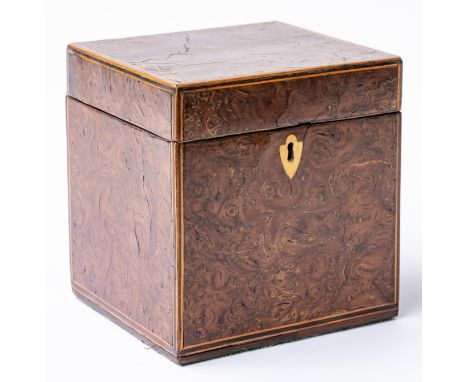A GEORGE III INLAID POLLARD OAK SINGLE TEA CADDY13cm wide; 12cm deep; 14cm high