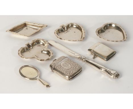 A GROUP OF SILVER AND SILVER MOUNTED COLLECTABLES (8)Comprising; a Victorian rectangular vesta case, with engraved decoration