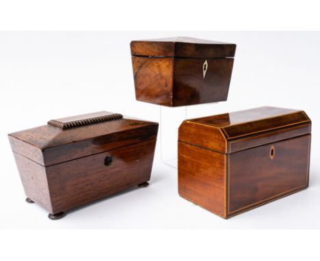 A REGENCY ROSEWOOD SARCOPHAGUS TEA CADDY (3)20cm wide; 11cm deep; 13cm high, together with a smaller mahogany and an inlaid m