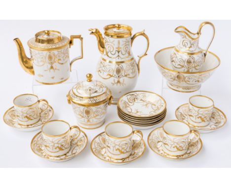 A PARIS PORCELAIN PART TEA AND COFFEE SERVICE (25)Circa 1820Each piece with gilt foliate decoration and paterae, comprising; 