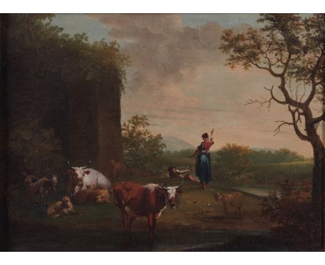MANNER OF NICHOLAS BERCHEMA couple with livestock wateringoil on canvas29.5 x 38.5 cmCondition reportLined. Craquelure and va