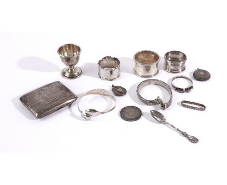 THREE SILVER NAPKIN RINGS AND FURTHER MOSTLY SILVER (QTY)Comprising; a cigarette case, a quantity of pre-1920 pre-decimal sil