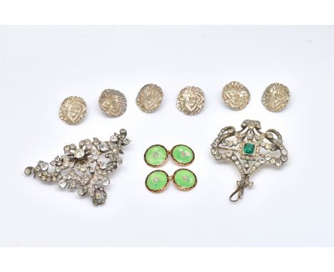 A PAIR OF GOLD, ENAMEL AND DIAMOND CUFFLINKS, SIX SILVER BUTTONS AND TWO PASTE BROOCHES (10)The cufflinks having circular bac