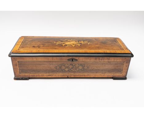 A SWISS ROSEWOOD, EBONISED AND MARQUETRY CYLINDER MUSIC BOXLate 19th CenturyPlaying twelve airs, numbered 29015, with printed