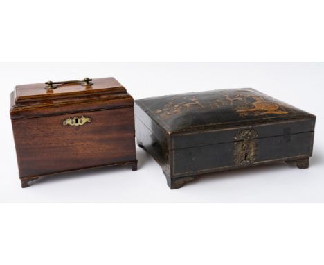 A GEORGE III MAHOGANY TEA CADDY  (2)22cm wide; 13cm deep; 17cm high, together with a lacquered dome topped box, 29cm wide; 25