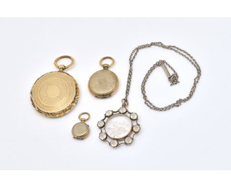 THREE PENDANT LOCKETS AND A PENDANT NECKLACE (4)Comprising; a Victorian circular twin sided pendant locket, with engine turne