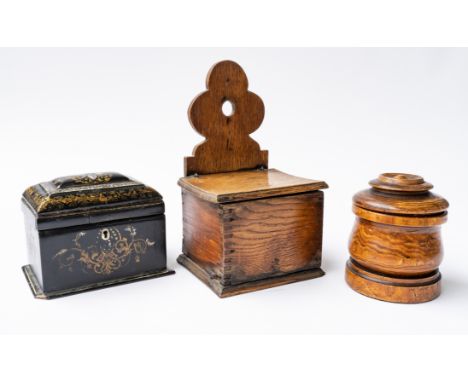 A VICTORIAN MOTHER-OF-PEARL INLAID PAPIER-MÂCHÉ TEA CADDY (3)17cm wide; an oak wall mounted salt box, 15cm wide and a turned 