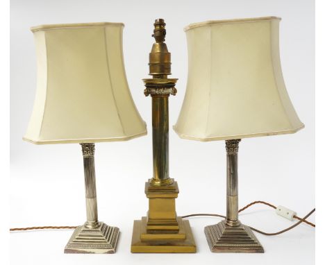 A VICTORIAN McCARY’S PATENT GILT LACQUERED BRASS IONIC COLUMN TABLE LAMP (3)Later adapted for electricity, 59cm high overall;