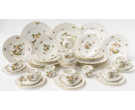 AN ASSEMBLED  HEREND `ROTHSCHILD BIRD' PATTERN PART DINNER AND COFFEE SERVICE (42)Comprising; ten dinner plates; six dessert 