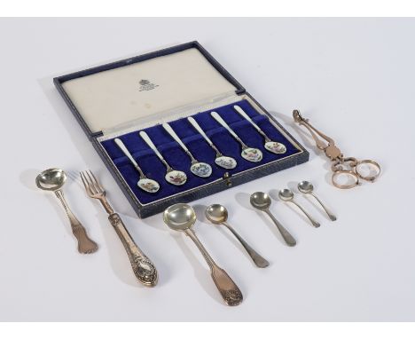 A SET OF SIX SILVER AND ENAMELLED COFFEE SPOONS AND FURTHER FLATWARE (9)The coffee spoons decorated with differing enamelled 