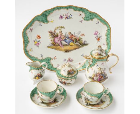 A MEISSEN OUTSIDE-DECORATED TETE-A-TETE  (10)Late 19th centuryPainted with scenes of courting couples against a ground scatte