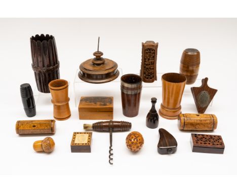 A GROUP OF TREEN ITEMS INCLUDING A LIGNUM VITAE POWER HORN (19)19th CenturyComprising; the powder horn in the form of a tooth