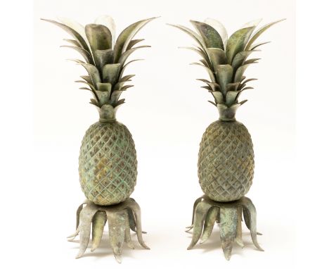 A PAIR OF PATINATED BRONZE PINEAPPLE FINIALS OR TABLE LAMP BASESLate 20th Century52cm high