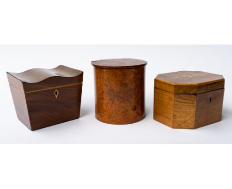 A GEORGE III INALID MAHOGANY SERPENTINE TOP SINGLE TEA CADDY (3)13cm wide; 11cm deep; 11cm high, together with a burr walnut 