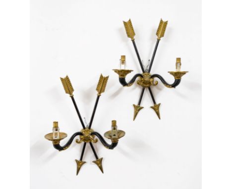 A PAIR OF EMPIRE STYLE CROSSED ARROW TWIN LIGHT WALL APPLIQUÉS (2)Late 20th CenturyWith acanthus clasped scroll branches, 35 