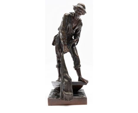 JEAN DIDIER DEBUT (FRENCH, 1824-1893); A BRONZE FISHERMANModelled standing on the bow of the boat with net, cast signature ‘D