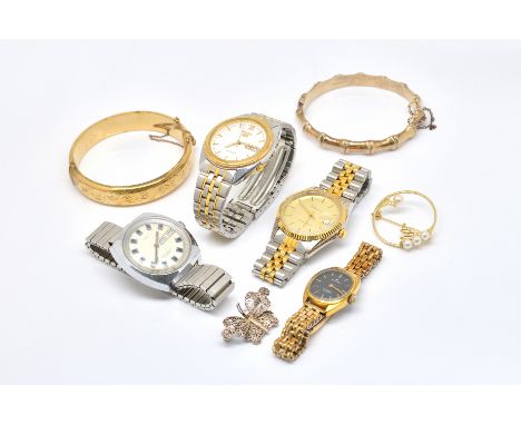 FOUR WRISTWATCHES AND FOUR ITEMS OF JEWELLERY (8)Comprising; three gentlemen's bracelet wristwatches; Seiko 5 Automatic with 