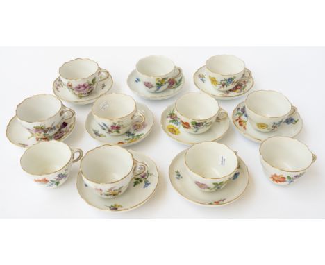 AN ASSEMBLED SET OF ELEVEN MEISSEN CUPS AND NINE SAUCERS (20)20th centurySome pieces outside decorated, each painted with flo