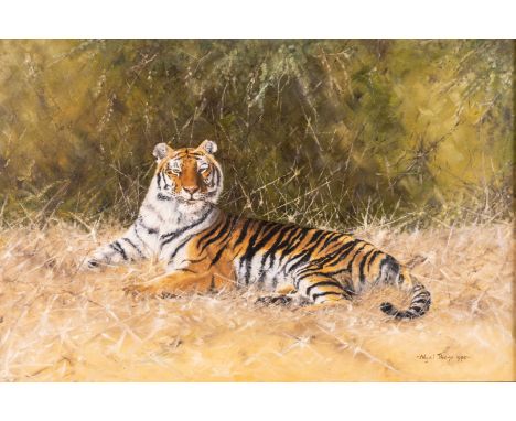 NIGEL THORP (BRITISH, 20TH/21ST CENTURY)Tigersigned and dated 'Nigel Thorp 1990' (lower right)oil on canvas50.5 x 76cmARRCond