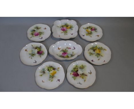 An antique Hadley Roses Royal Worcester hand painted cake set. Including six plates and two serving plates. Decorated with ro