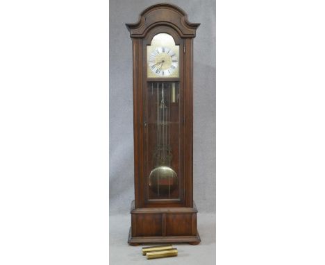 A French Provincial style mahogany cased longcase clock with brass face and silvered dial and eight day movement. H.201 W.63 