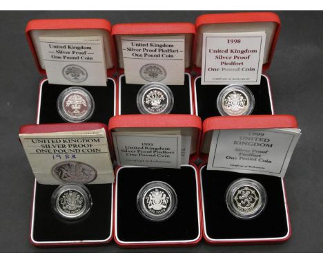 Six Royal Mint silver proof one pound coins. Four silver proof Piedfort one pound coins all in red presentation cases with CO