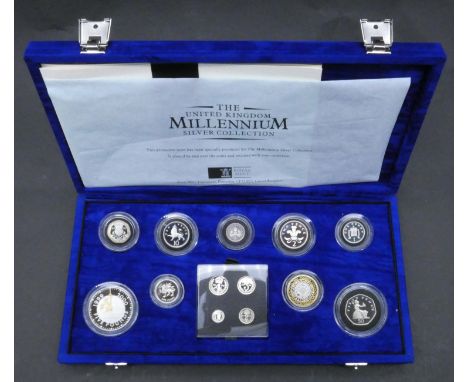 A Royal Mint The United Kingdom Millennium Silver Collection, with nine coins and Maundy set in fitted blue velvet box with C
